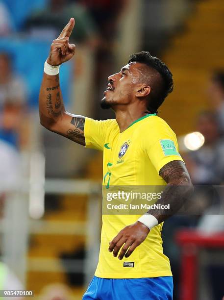 Paulinho of Brazil celebrates after he scores the opening goal during the 2018 FIFA World Cup Russia group E match between Serbia and Brazil at...