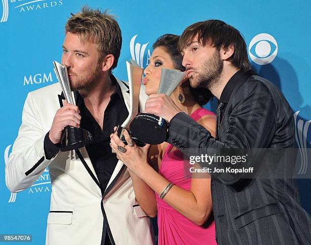 Charles Kelley, Hillary Scott and Dave Haywood of Lady Antebellum pose at the 45th Annual Academy Of Country Music Awards - Press Room at the MGM...