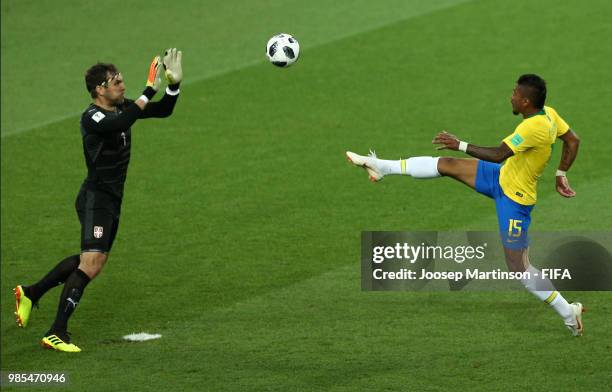 Paulinho of Brazil scores his team's first goal during the 2018 FIFA World Cup Russia group E match between Serbia and Brazil at Spartak Stadium on...