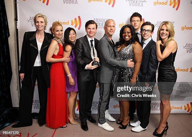 Jane Lynch, Dianna Agron, Jenna Ushkowitz, Chris Colfer, Ryan Murphy, Amber Riley, Cory Monteith, Kevin McHale and Jessalyn Gilsig backstage at the...