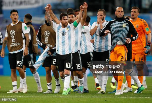 Lionel Messi of Argentina celebrates at full time during the 2018 FIFA World Cup Russia group D match between Nigeria and Argentina at Saint...