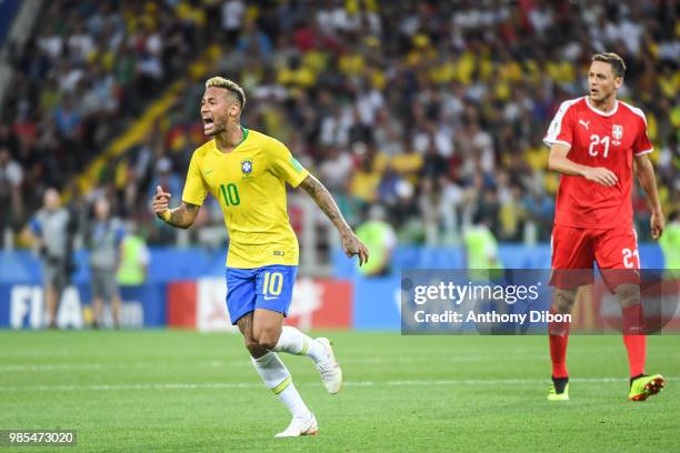 Neymar Jr of Brazil reacts under the eyes of Nemanja Matic of Serbia during the FIFA World Cup Group E match between Serbia and Brazil on June 27,...