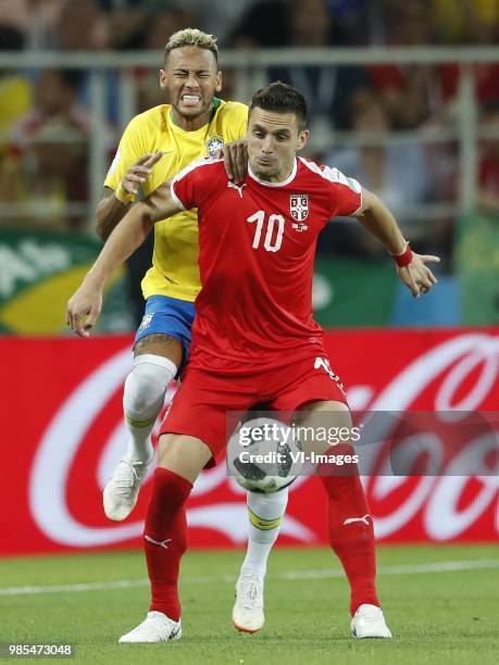 Neymar of Brazil, Dusan Tadic of Serbia during the 2018 FIFA World Cup Russia group E match between Serbia and Brazil at the Otkrytiye Arena on June...