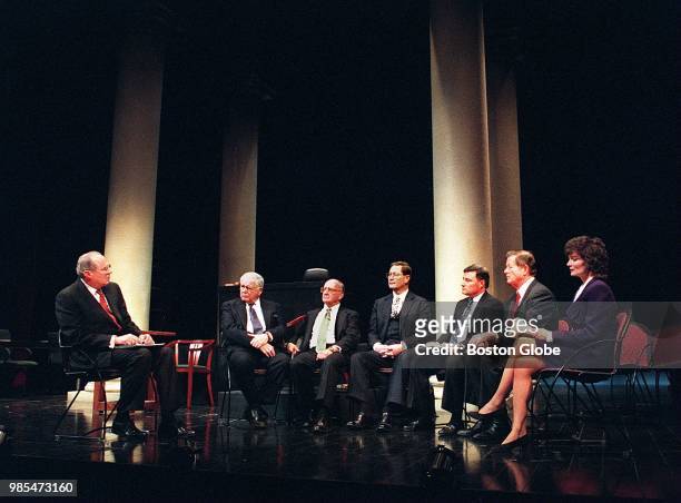 Supreme Court Justice Anthony Kennedy presides over a mock trial pre-trial meeting with prosecution and defense teams before the Trial of Hamlet, for...