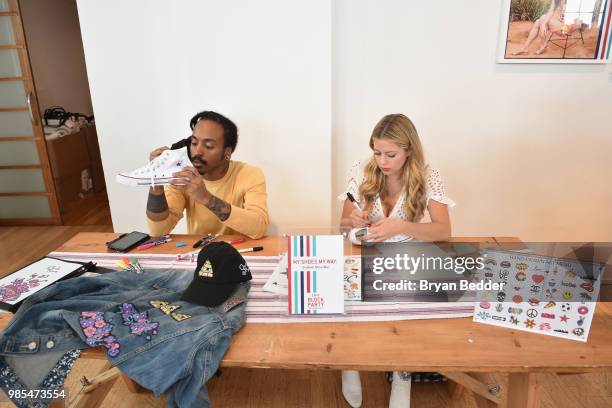 Chris Pyrate and Jordana Schrager customize DSW shoes at DSW Block Party hosted by Olympians Adam Rippon and Mirai Nagasu on June 27, 2018 at...