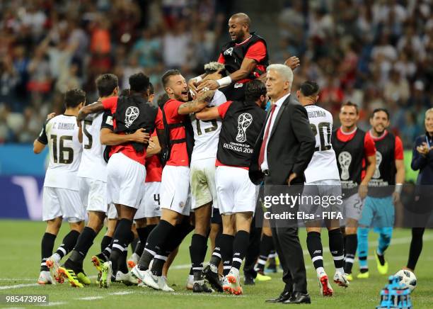 Kendall Waston of Costa Rica celebrates with teammates after scoring his team's first goal during the 2018 FIFA World Cup Russia group E match...