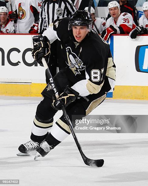 Sidney Crosby of the Pittsburgh Penguins skates against the Ottawa Senators in Game One of the Eastern Conference Quarterfinals during the 2010 NHL...