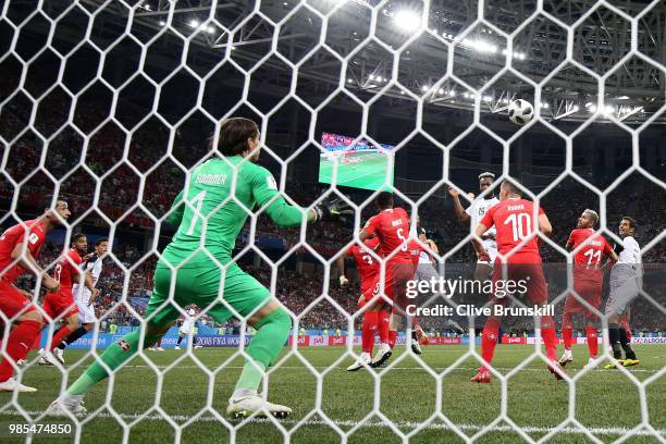 Kendall Waston of Costa Rica scores his sides opening goal to make the score 1-1 during the 2018 FIFA World Cup Russia group E match between...