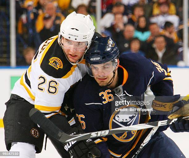 Patrick Kaleta of the Buffalo Sabres battles for position against Blake Wheeler of the Boston Bruins in Game Two of the Eastern Conference...