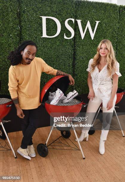 Chris Pyrate and Jordana Schrager customize DSW shoes at DSW Block Party hosted by Olympians Adam Rippon and Mirai Nagasu on June 27, 2018 at...