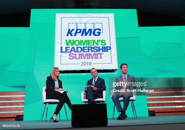 Jenna Bush Hager of NBC, Eric Foss CEO of Aramark and Alex Gorsky CEO of Johnson & Johnson speak on stage during the KPMG Women's Leadership Summit...