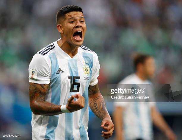 Marcos Rojo of Argentina reacts during the 2018 FIFA World Cup Russia group D match between Nigeria and Argentina at Saint Petersburg Stadium on June...