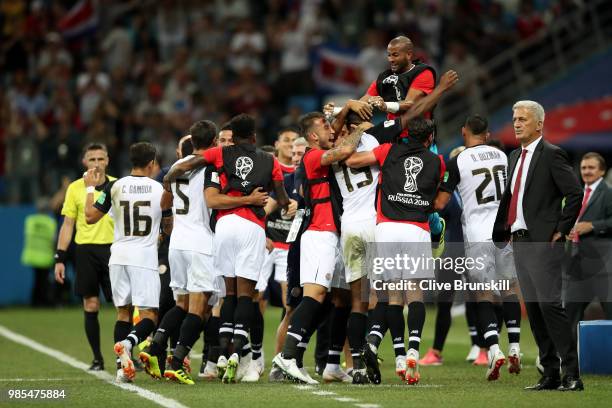 Kendall Waston of Costa Rica celebrates with teammates after scoring his team's first goal during the 2018 FIFA World Cup Russia group E match...
