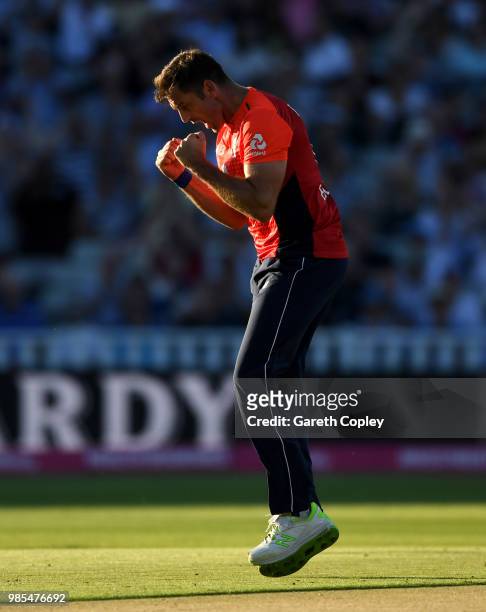 Liam Plunkett of England celebrates dismissing D'Arcy Short of Australia during the Vitality International T20 between England and Australia at...