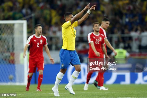 Antonio Rukavina of Serbia, Thiago Silva of Brazil, Adem Ljajic of Serbia during the 2018 FIFA World Cup Russia group E match between Serbia and...