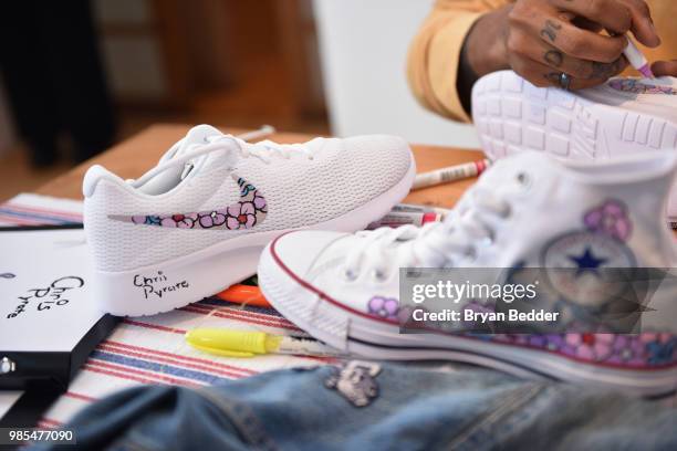 Customized shoes are seen during DSW Block Party hosted by Olympians Adam Rippon and Mirai Nagasu on June 27, 2018 at Ramscale Studio in New York...