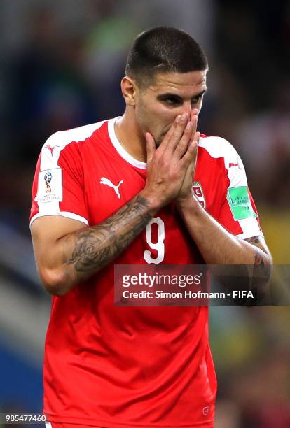 Aleksandar Mitrovic of Serbia reacts during the 2018 FIFA World Cup Russia group E match between Serbia and Brazil at Spartak Stadium on June 27,...