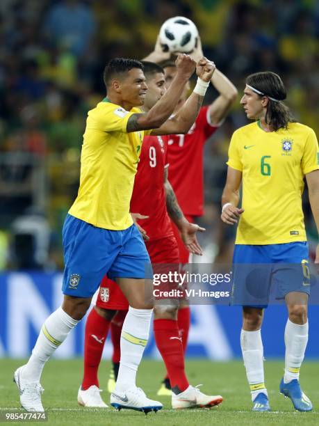 Antonio Rukavina of Serbia, Thiago Silva of Brazil, Adem Ljajic of Serbia during the 2018 FIFA World Cup Russia group E match between Serbia and...