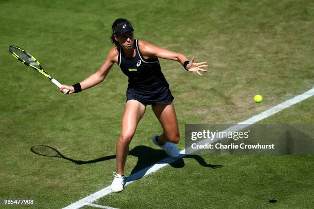 Johanna Konta of Great Britain in action during her women's singles match against Caroline Wozniacki of Denmark during Day Six of the Nature Valley...