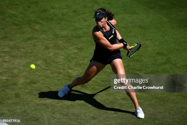 Johanna Konta of Great Britain in action during her women's singles match against Caroline Wozniacki of Denmark during Day Six of the Nature Valley...