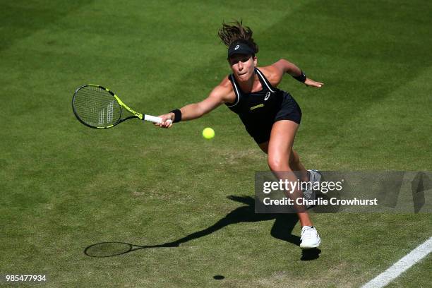 Johanna Konta of Great Britain in action during her women's singles match against Caroline Wozniacki of Denmark during Day Six of the Nature Valley...