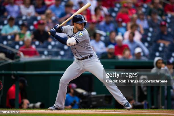Daniel Robertson of the Tampa Bay Rays bats during the game against the Washington Nationals at Nationals Park on Tuesday June 5, 2018 in Washington,...