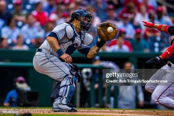 Wilson Ramos of the Tampa Bay Rays defends his position during the game against the Washington Nationals at Nationals Park on Tuesday June 5, 2018 in...