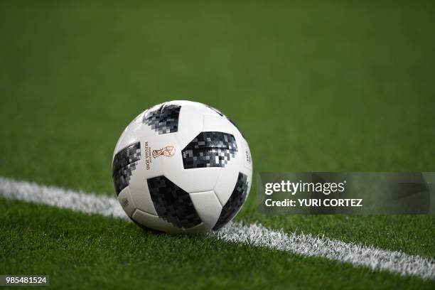 The Adidas Telstar 18, the official ball of the tournament is seen during the Russia 2018 World Cup Group E football match between Serbia and Brazil...