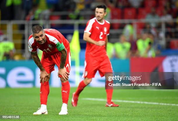 Aleksandar Kolarov of Serbia shows his dejection during the 2018 FIFA World Cup Russia group E match between Serbia and Brazil at Spartak Stadium on...