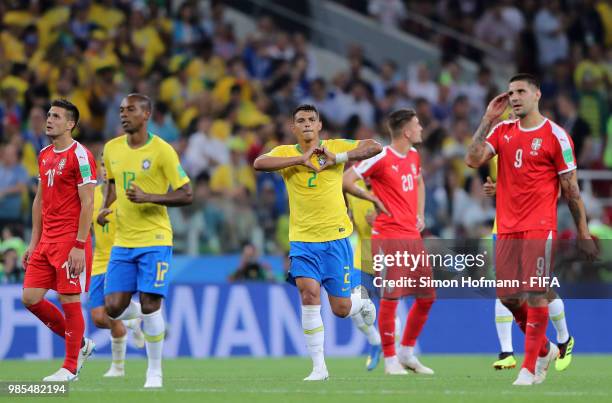 Thiago Silva of Brazil celebrates after scoring his team's second goal during the 2018 FIFA World Cup Russia group E match between Serbia and Brazil...