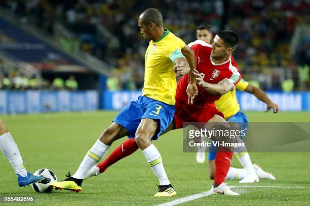 Miranda of Brazil, Aleksandar Mitrovic of Serbia during the 2018 FIFA World Cup Russia group E match between Serbia and Brazil at the Otkrytiye Arena...