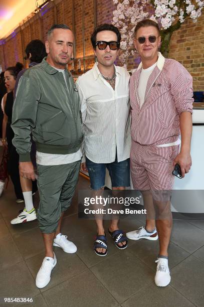Fat Tony, Nick Grimshaw and David Graham attend the launch of the Palace x Adidas Wimbledon kit on June 27, 2018 in London, England.