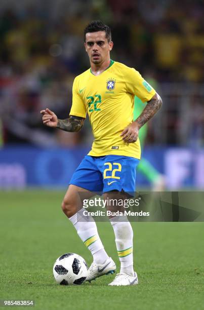 Fagner of Brazil in action during the 2018 FIFA World Cup Russia group E match between Serbia and Brazil at Spartak Stadium on June 27, 2018 in...