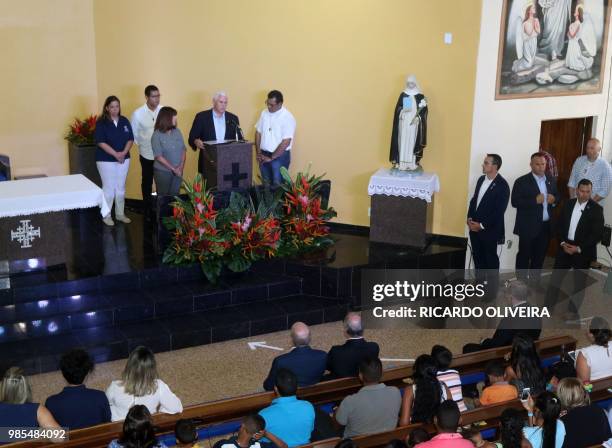 Vice President Mike Pence speaks during a visit to Venezuelan refugees at the Santa Catarina Humanitarian Center in Manaus, on June 27, 2018. - US...