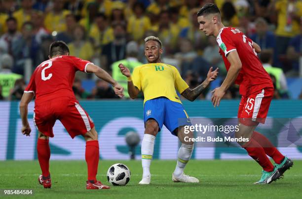 Neymar Jr of Brazil challenge for the ball with Nikola Milenkovic and Antonio Rukavina of Serbia during the 2018 FIFA World Cup Russia group E match...