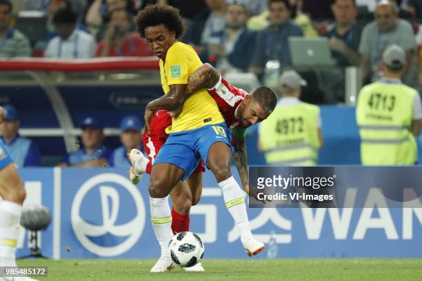 Willian of Brazil, Aleksander Kolarov of Serbia during the 2018 FIFA World Cup Russia group E match between Serbia and Brazil at the Otkrytiye Arena...