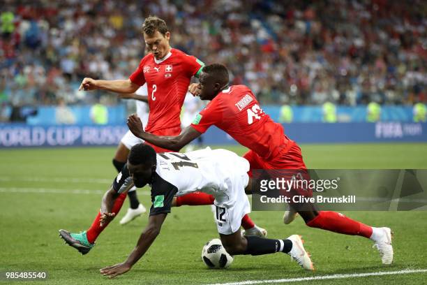 Joel Campbell of Costa Rica is bought down in the penalty area by Denis Zakaria of Switzerland to concede a penalty during the 2018 FIFA World Cup...