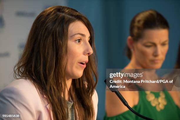 Hilary Knight speaks at a press conference during the 2018 KPMG Women's PGA Championship at Kemper Lakes Golf Club on June 27, 2018 in Kildeer,...