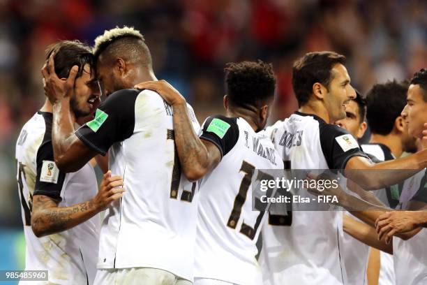 Bryan Ruiz of Costa Rica celebrates with teammate Kendall Waston after scoring his team's second goal during the 2018 FIFA World Cup Russia group E...