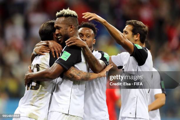 Bryan Ruiz of Costa Rica celebrates with teammate Kendall Waston after scoring his team's second goal during the 2018 FIFA World Cup Russia group E...