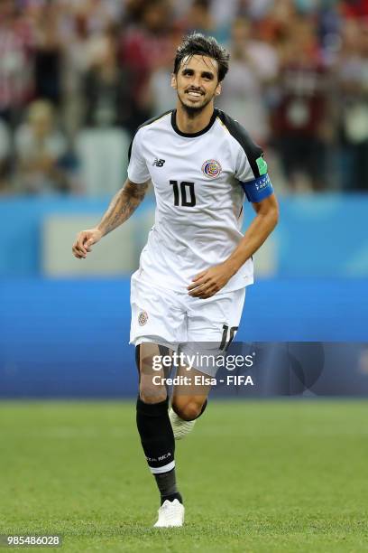 Bryan Ruiz of Costa Rica celebrates after scoring a penalty for his team's second goal during the 2018 FIFA World Cup Russia group E match between...