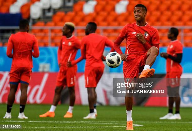 Panama's forward Gabriel Torres passes a ball during a training session at the Mordovia Arena in Saransk on June 27 on the eve of the team's third...