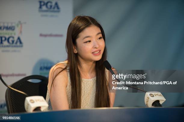 Olympian Maia Shibutani speaks at a press conference during the 2018 KPMG Women's PGA Championship at Kemper Lakes Golf Club on June 27, 2018 in...