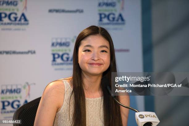 Maia Shibutani speaks at a press conference during the 2018 KPMG Women's PGA Championship at Kemper Lakes Golf Club on June 27, 2018 in Kildeer,...