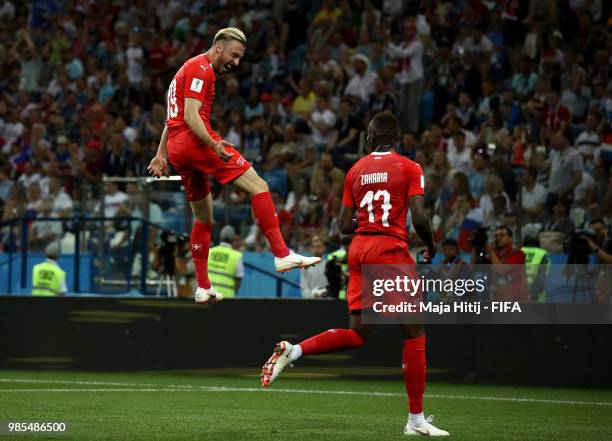 Josip Drmic of Switzerland celebrates after scoring his team's second goal during the 2018 FIFA World Cup Russia group E match between Switzerland...