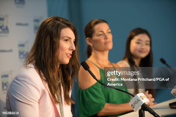 Olympian Hilary Knight speaks alongside Nancy Kerrigan and Maia Shibutani at a press conference during the 2018 KPMG Women's PGA Championship at...