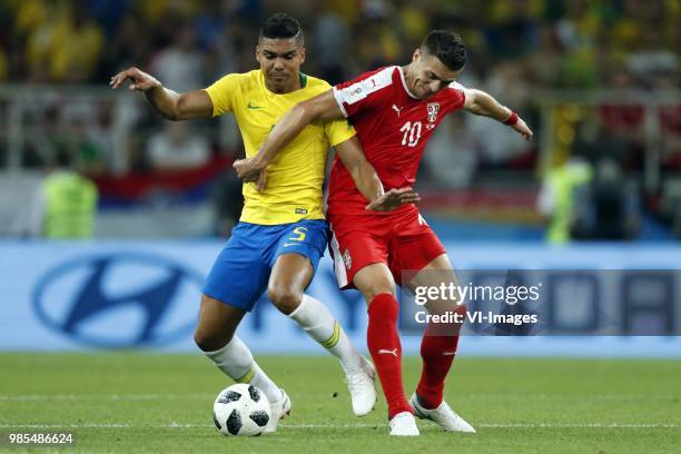 Casemiro of Brazil, Dusan Tadic of Serbia during the 2018 FIFA World Cup Russia group E match between Serbia and Brazil at the Otkrytiye Arena on...