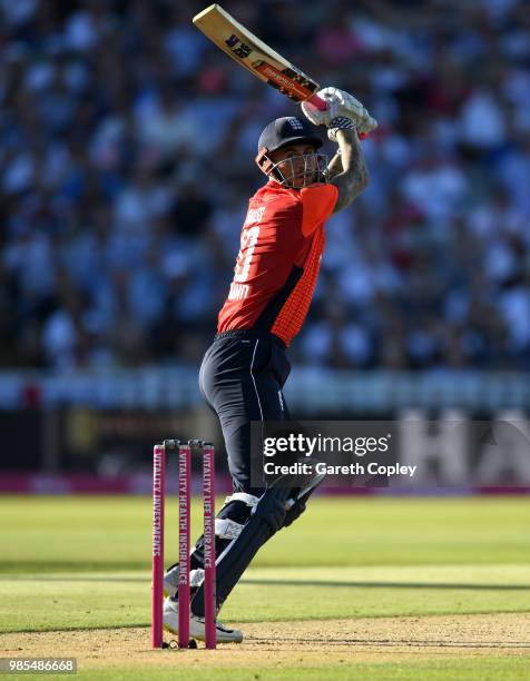 Alex Hales of England bats during the Vitality International T20 between England and Australia at Edgbaston on June 27, 2018 in Birmingham, England.