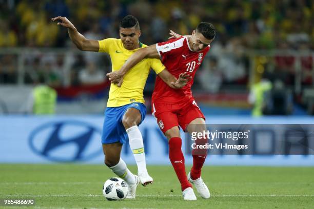 Casemiro of Brazil, Dusan Tadic of Serbia during the 2018 FIFA World Cup Russia group E match between Serbia and Brazil at the Otkrytiye Arena on...