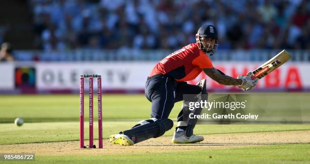 Alex Hales of England bats during the Vitality International T20 between England and Australia at Edgbaston on June 27, 2018 in Birmingham, England.